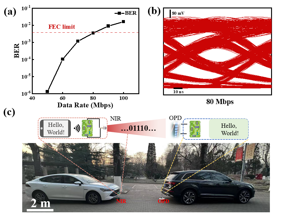 图3. 基于柔性有机光电探测器的光通信传输速率及在汽车间发高速光通信探测图